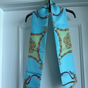 J. McLaughlin Aqua and Mint Silk Scarf Wrap with Chain Motif